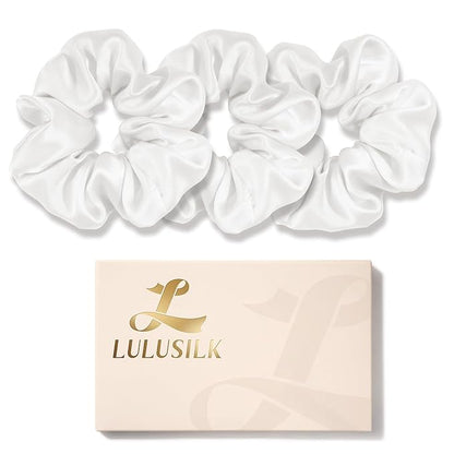 LULUSILK Silk Scrunchies for Hair Sleep, 100% Real Mulberry Silk, No Damage Hair Ties for Women and Girls, Gorgeous White, Pack of 3
