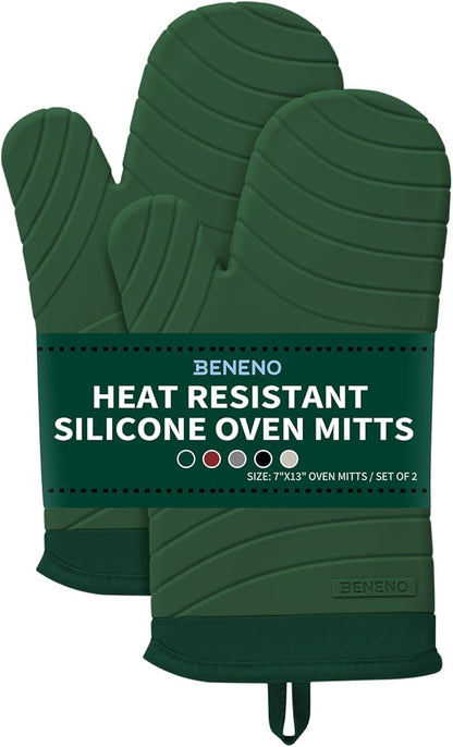 Beneno Heat Resistant Silicone Oven Mitts BPA-Free, Non-Slip Textured Grip & Quilted Cotton Lining, Waterproof Kitchen Mitt 2-Pack Set, 7"x13", Green