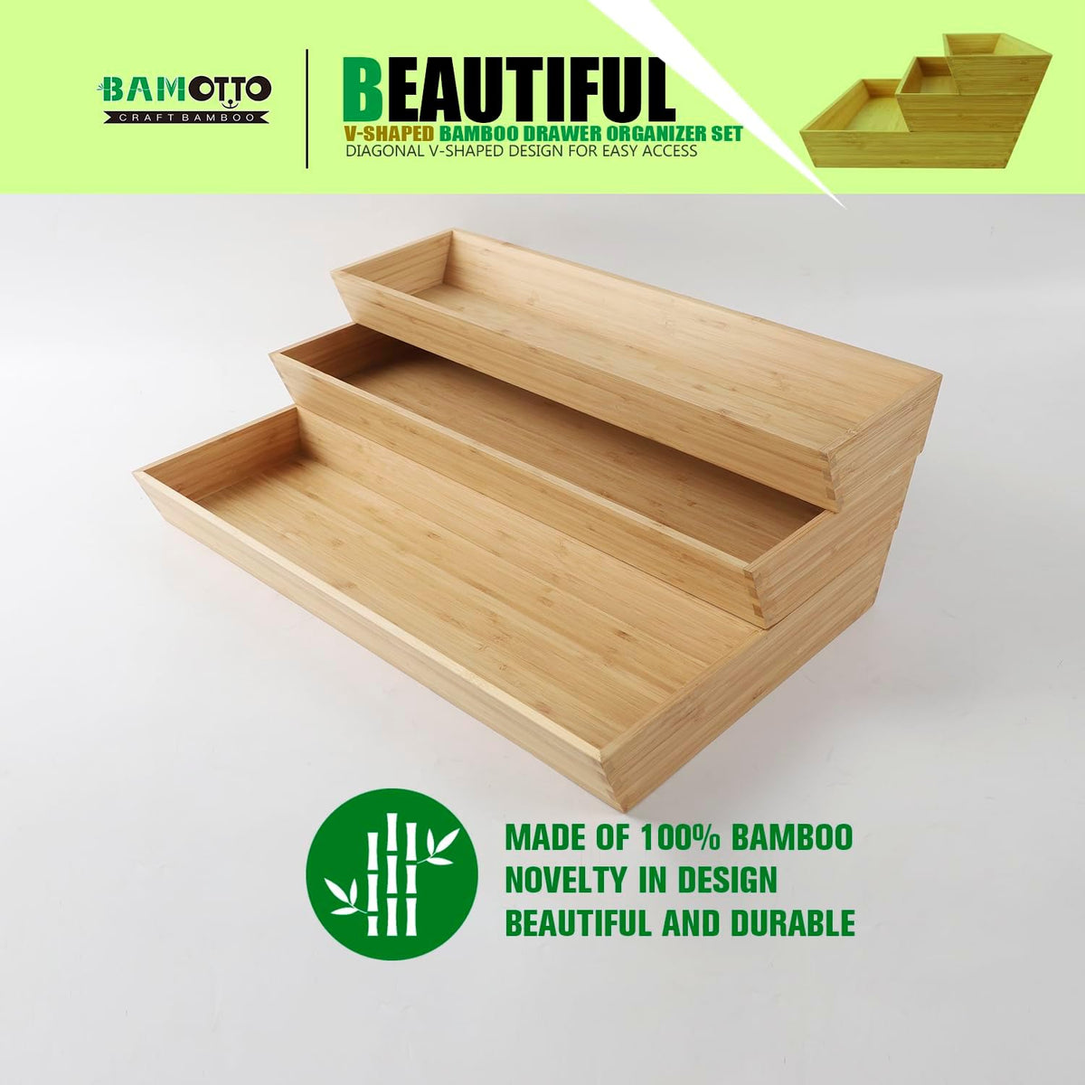 V-Shaped Bamboo Drawer Organizer Set of 3, Kitchen Large and Long Utensil Plate, Flatware & Silverware Storage Box, Wood Drawer Organizer for Bedroom, Living Room (19.6"x5.7" & 7.8" & 12.4")