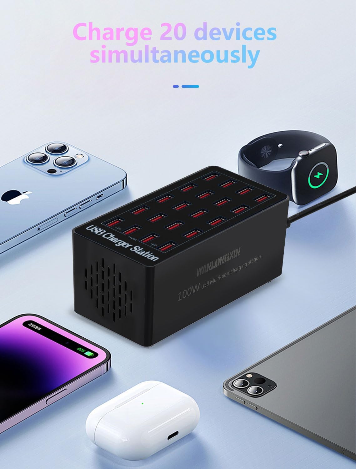 100W 20Port USB Charging Station, Multi USB Charger for Multiple Devices, Black