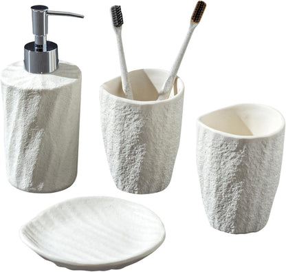 Bathroom Accessories Set, 4 PCS Modern Stone Look Bathroom Accessory Set with Hand Soap Dispenser 11.5 OZ, Tumblers, Toothbrush Holder, Bar Soap Dish Holder Saver (White)