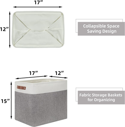 HNZIGE Large Storage Baskets Rectangular Storage Bins Baskets for Organizing [2 Pack] Tall Shelf Baskets with Handles, Decorative Organizer for Storage Home, Closet (White Grey)