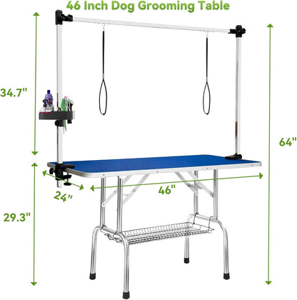46" Large Dog Grooming Table, Non-Slip Tabletop with Adjustable Armrests, Lasso, Tool Organizer, Grid Tray, Foldable Home Pet Station, Maximum Weight Capacity 330 lbs,Blue