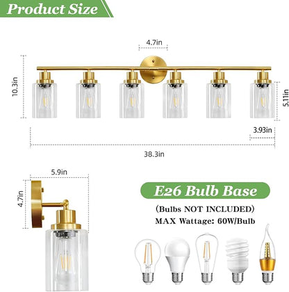 Guliaofo 6-Light E26 Gold Bathroom Vanity Lights, Modern Bathroom Light Fixtures