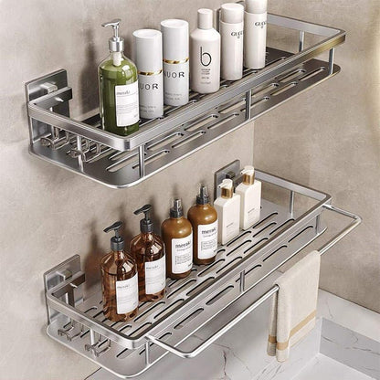 Shower Caddy Adhesive 2Pack with Hooks and Rod for Towels Silver-Premium Bathroom Shower Shelves Shampoo Organizer Rack Storage Bathtub Shelf Rustproof Easy Installation Sturdy Build Sleek Modern Look