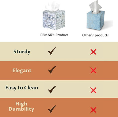 PEMAR Handcrafted Wooden Tissue Box Cover for Small Cube Tissue Boxes Only (Max Inner Size 4.7”) – Mother of Pearl Inlay Decorative Tissue Holder for Bathroom, Living Room & Office (Blue)