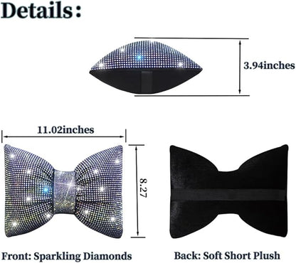 Bling Car Neck Pillow with Bow Tie Rainbow Crystal Rhinestone Diamond Automotive Accessories for Ladies and Woman Girls Driving Comfort Auto Seat Pillow for Driver Colorful 2Pcs