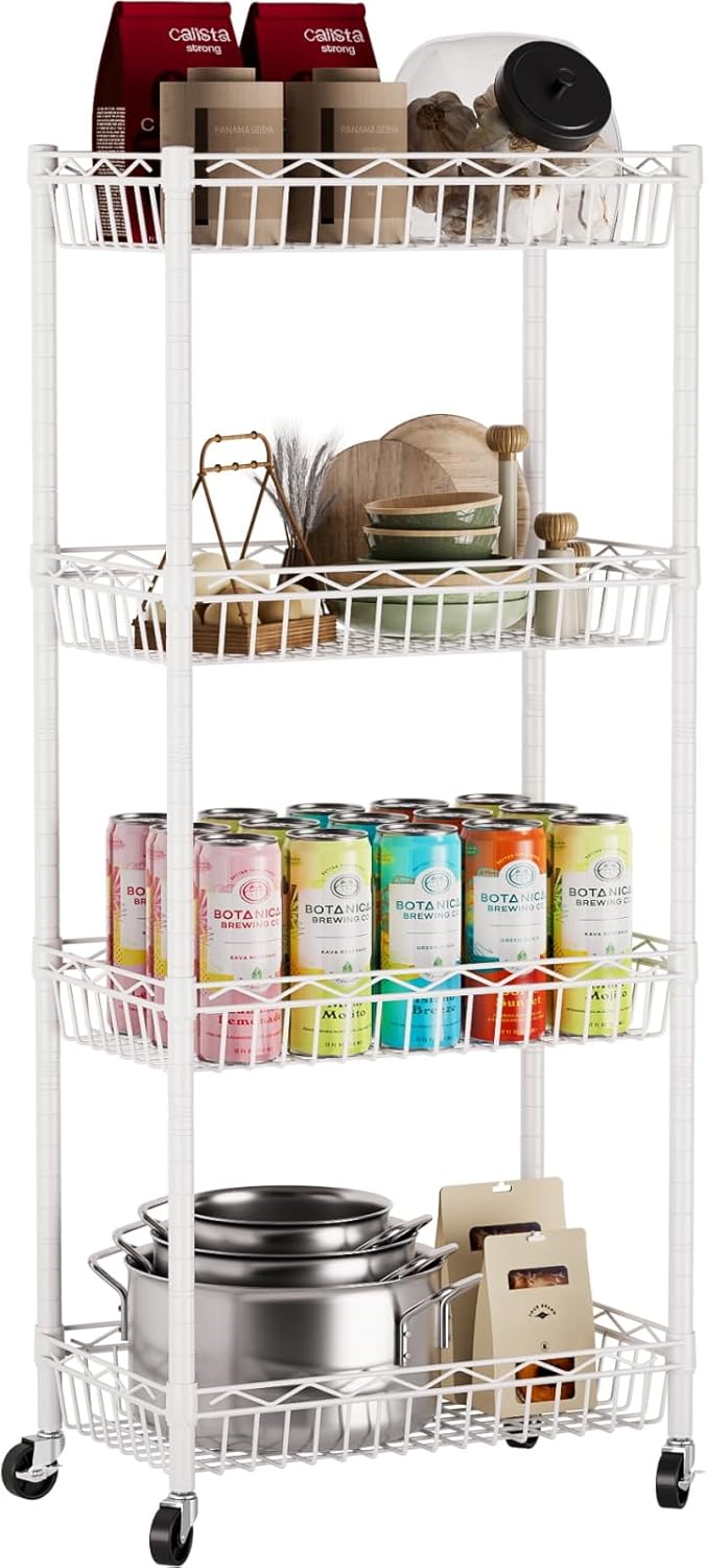 4 Tier Basket Shelf Wire Shelving Unit Adjustable Storage Shelves Big Basket Rack for Garage Kitchen Office Pantry Corner 17.2" Dx12.2 Wx50 H White