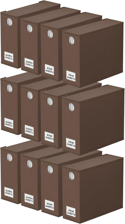 SpaceAid 12 Pack Bed Sheet Organizers and Storage, Foldable Sheet Organizer for Linen Closet, Sheets Set Folder Keeper with Window XL (Queen & King Size) Bedding Container (Brown, 12 Pack)