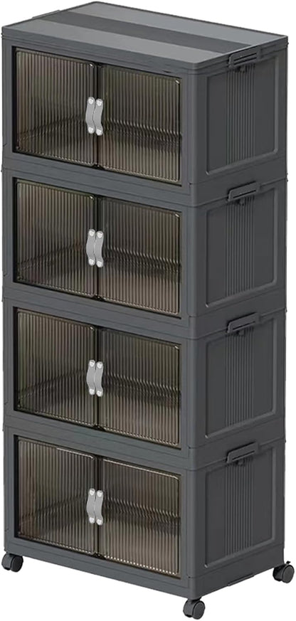Stackable Storage Bins Wheel, Large Collapsible Closet Organizer with Lid, Foldable Storage Cabinet with Door, Plastic Folding Storage Boxes for Home, Pantry, Office (L, Gray 4-Tier)