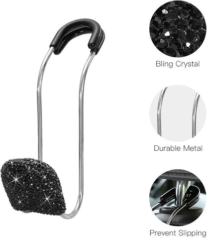 SAVORI Car Headrest Hooks Bling Car Accessories Rhinestones Universal Auto Back Seat Headrest Metal Hanger Organizer Vehicle Holder for Bag Purse Clothes Grocery 2PCS (Black)