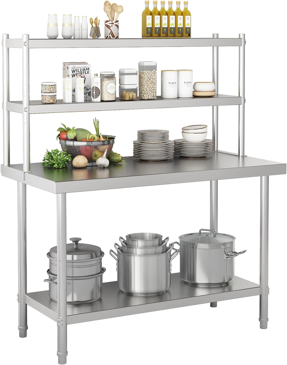 2-Tier Stainless Steel Commercial Work Table 47.2" W x 23.6" D x 31.5" H with Overshelf, Heavy Duty Kitchen Prep Table for Restaurant, Home Kitchen, Garage, Warehouse
