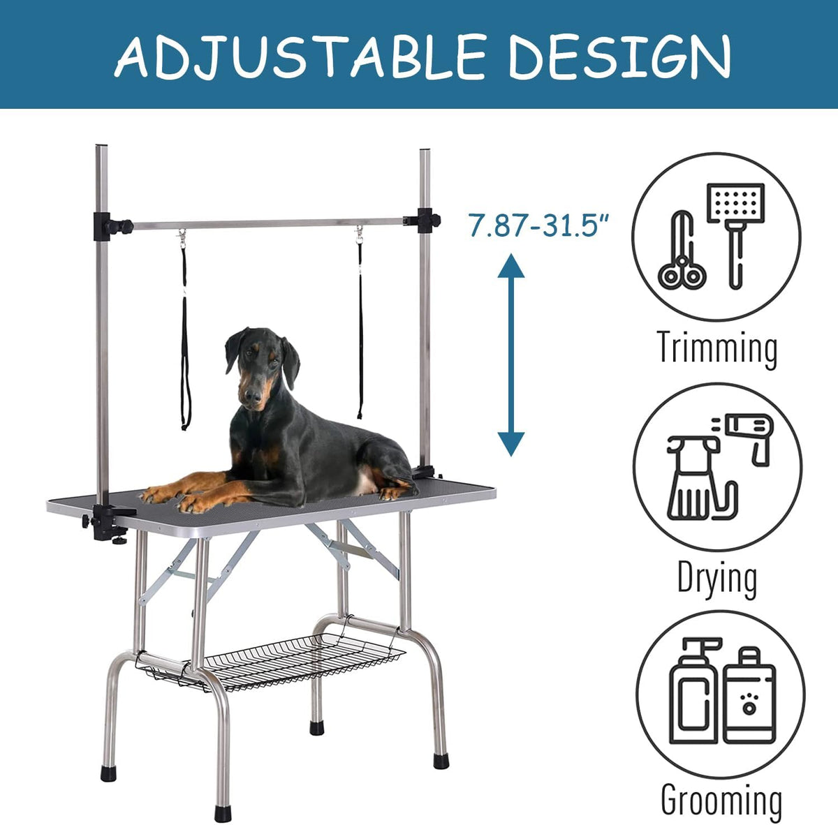 36" Dog Grooming Table Foldable Pet Grooming Tables with Adjustable Arm Noose Storage Mesh Tray Maximum Capacity Up to 330lbs Black