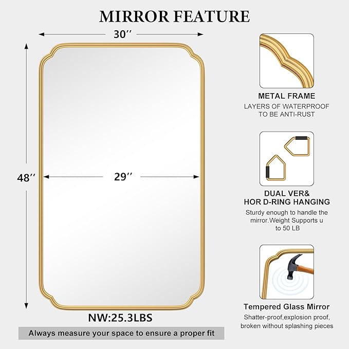 30"x48" Gold Bathroom Mirror for Wall, Large Brass Gold Bathroom Vanity Mirror
