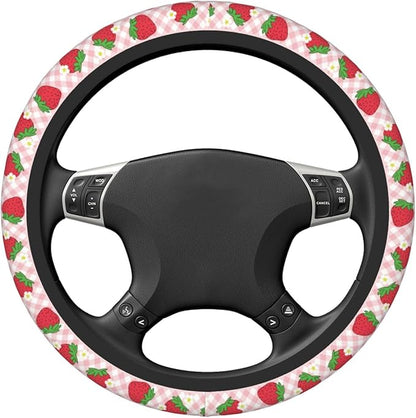 Pink Strawberry Steering Wheel Cover Women Men Floral Checked Elastic Stretch Soft Car Wheel Protector Universal Breathable No-Slip Car Accessories for Truck Van SUV Auto Fit 14-15 Inches