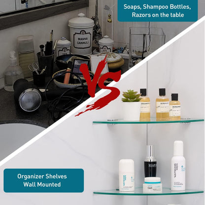HouseMila Glass Shower Shelves - 3 Tier Corner Shelf with 3 Hangers, Drill Hole Glass Shelves for Bathroom Organizer