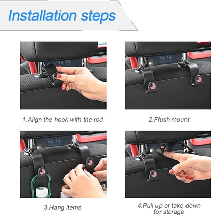 4PCS Car Seat Headrest Hooks, Auto Back Seat Hanger Holder, Durable Stylish Vehicle Organizer Universal Car Interior Accessories, Storage Hooks for Purses, Bags, Clothes, Hats (Black/Red Flag)