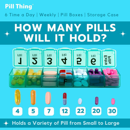 6 Times a Day Weekly Pill Box Organizer Case, Secure 7X Pillbox with Medication Schedule (6 Time-a-Day)