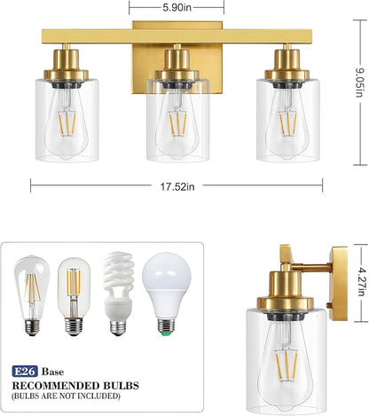 DIKAIDA 3 Light Gold Bathroom Light Fixtures, Bathroom Vanity Light Over Mirror