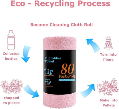 Jessy Home 80 Pack Microfiber Cleaning Cloth Roll Pink Reusable Paper Towels 12"x12" Tear Away Cloth,Microfiber Towels for Cars,Wash Cloths,Lint Free Rags for House,Kitchen,Window,Cleaning Supplies