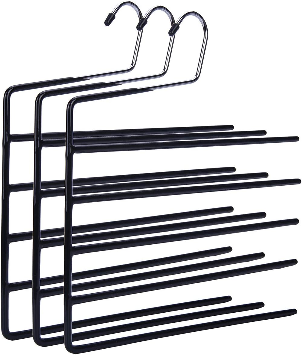 Nature Smile Pants Hangers 3pack, Heavy Duty Multi Layers Space Saving Slack Hangers,Non Slip 5 Tier Open-Ended Pants Hanger Closet Storage Organizer for Garden Flags Trousers Jeans Scarf