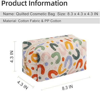 Gleyemor 2 Pieces (Large + Small) Quilted Makeup Bag, Cute Floral Cosmetic Bag for Women, Travel Toiletry Cotton Bag Tote Bag Organizer (Colorful U)