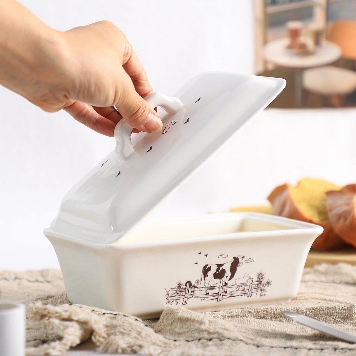 Ceramic Butter Dish with Lid Butter Keeper Butter Plate Tray for Kitchen Countertop, Farm Animals Cow Pig and Rooster Pattern Butter Crock Keeper Saver