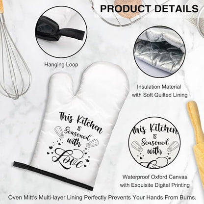This Kitchen is Seasoned with Love Funny Oven Mitts and Pot Holders Set, Kitchen Baking Grill Microwave Gadgets, Sweet Housewarming Gifts, Birthday Gifts for Women, Men, Hostess, BBF