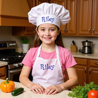 Made in the USA Personalized Embroidered Premium Child Apron and Chef Hat for Kids Girls Boys Fun in the Kitchen Gift (Add a Name Set, Regular with hat)