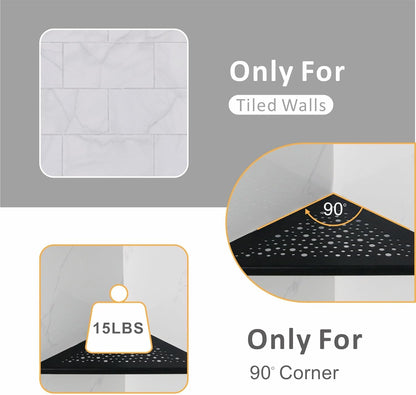 Black 10’’ Corner Shower Shelf 2 Pack, Triangular Shower Corner Shelves 304 Stainless Steel Bathroom Shower Shelf for Tiled Wall, No Drilling Needed Matte Black