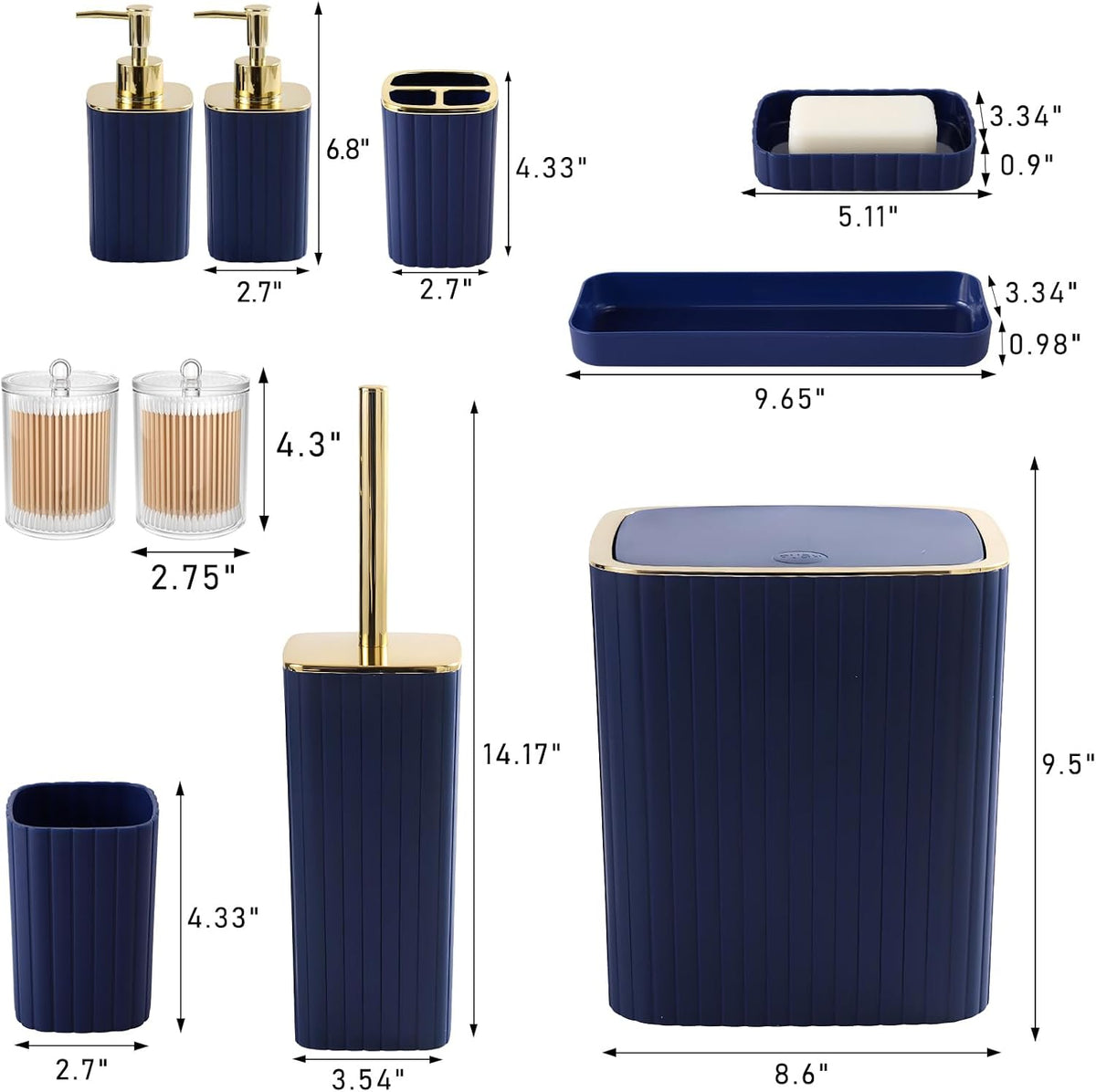 Bathroom Accessories Set - Gorgeous Bathroom Set, 10PC Navy Blue Bathroom Accessory Set, Toilet Brush, Trash Can, Qtip Holder Dispenser & Soap Dispenser