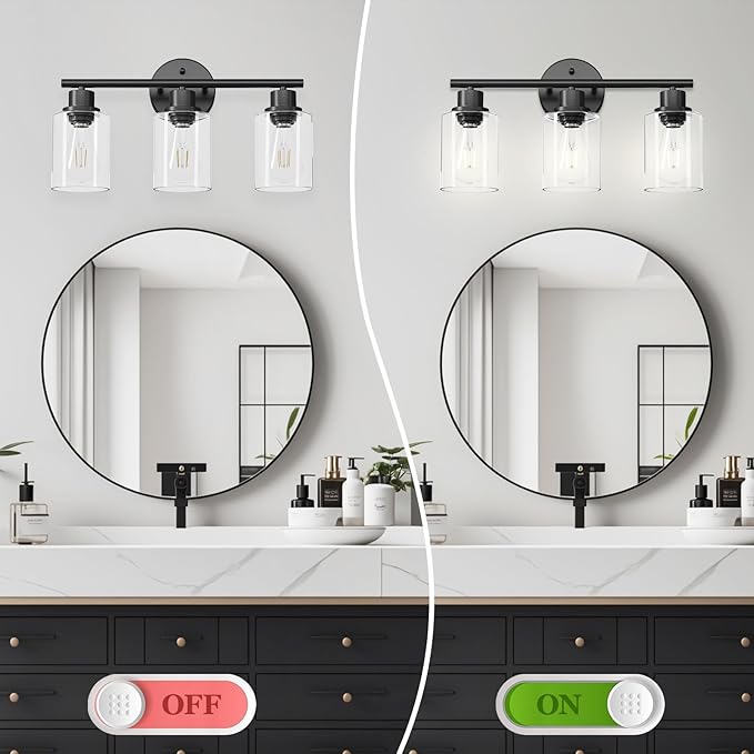 Guliaofo 3-Light Black Vanity Lights, E26 Modern Bathroom Light Fixtures