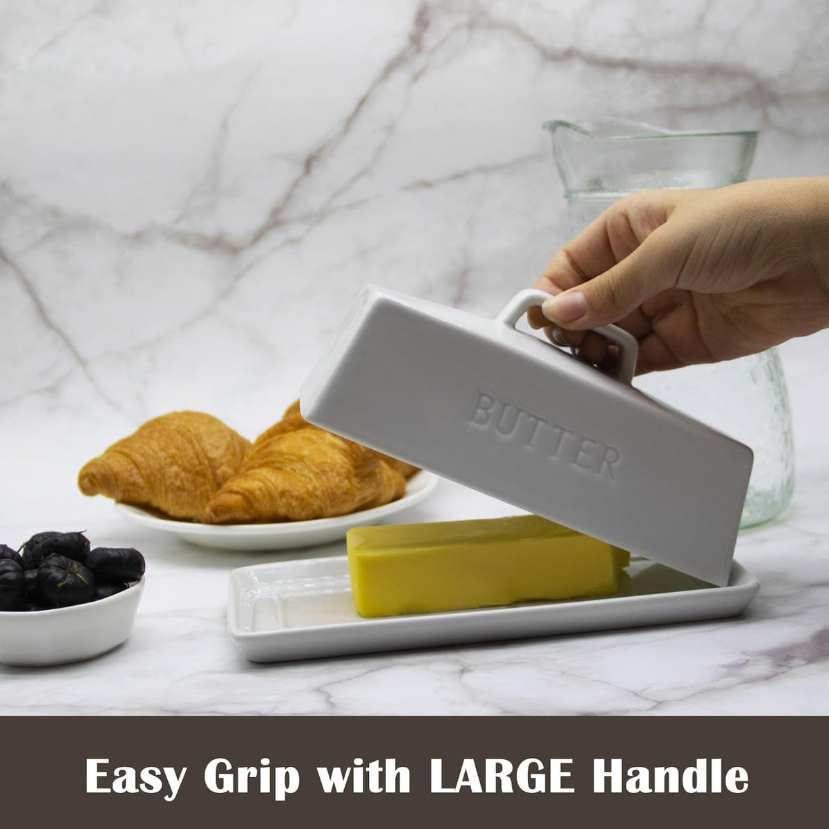 Ceramic Butter Dish With Lid for Countertop, Covered Butter Holder With Lid, White Butter Container, Butter Tray With Handle