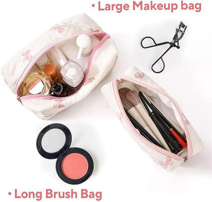 MZLUWM 2 Pcs Makeup Bag Travel Cosmetic Bag，Cute Floral Quilted Makeup Bag Set for Women Girls，Cotton Travel Toiletry Zipper Make Up Pouch (Pink Bow)