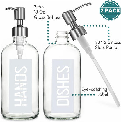 JASAI 2Pack 18OZ Glass Soap Dispenser with Rustproof 304 Stainless Steel Pump, Kitchen Soap Dispenser for Hands & Dishes (White)