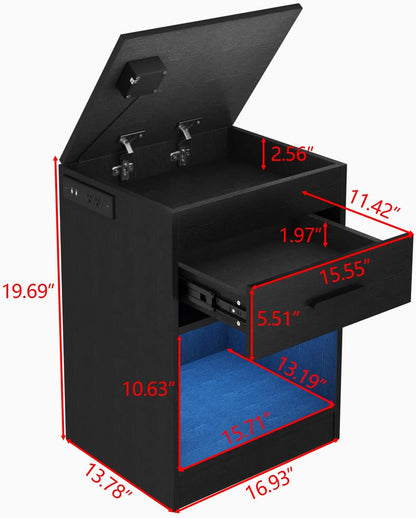 Auromie Nightstand with Charging Station and LED Lights, Concealment Furniture with RFID Lock Cabinet and Power Outlets, Bedside Table with Hidden Compartment for Valuables Storage, Black