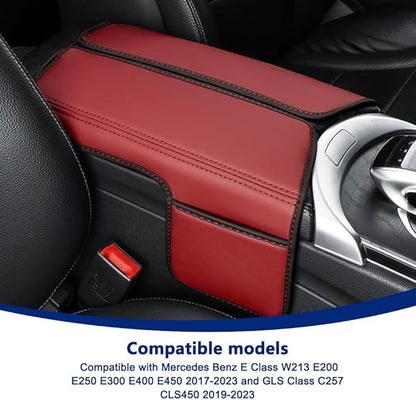 Center Console Cover Compatible with Mercedes Benz E Class W213 E200 E250 E300 E400 E450 2017-2023 and GLS Class C257 CLS450 2019-2023 Armrest Cover Pad Leather Cushion Protector with Pocket