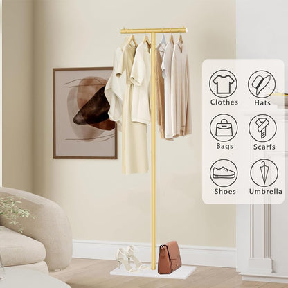T-Shaped Metal Rack Stand,Modern Clothes Rack With Rock Slab Base,60.3 Inch Freestanding Clothing Rack Stand,Suitable For Boutiques, Entryway, Bedroom, Living Room, (Golden Yellow,60.3 Inch)
