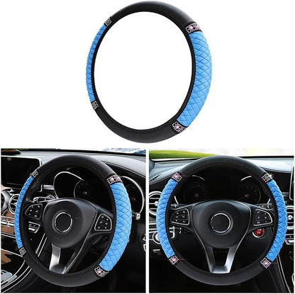 Bling Soft Leather Steering Wheel Cover, 15 Inch Colorful Rhinestones Auto Elastic Steering Wheel Protector, Sparkly Crystal Diamond for Women Girls, Car Accessories for Most Cars (Blue)