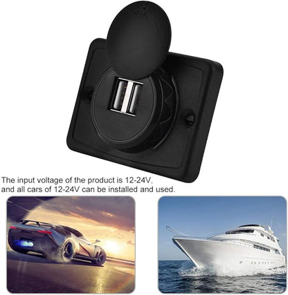 USB Car Charger, 12v 24v Mini Panel Dual Socket Power Adapter Outlet with Cap Quick Surface Mount Multi Device Charging for Cars Bus Boat Automotive Marine Truck Golf Cart Smartphone Laptop