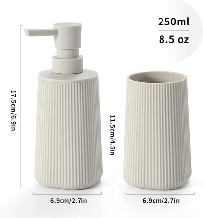 Bathroom Accessories 2 Piece Soap Dispenser and Toothbrush Holder Set Striped Beige
