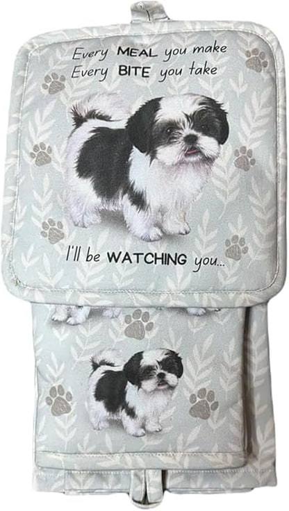 Shih Tzu 3-Piece Kitchen Set - Oven Mitt, Pot Holder & Kitchen Towel Set, Heat Resistant up to 420 F, Soft Quilted Cotton for Cooking, Baking, BBQ, Pet Lover Gifts (Shih Tzu Black)