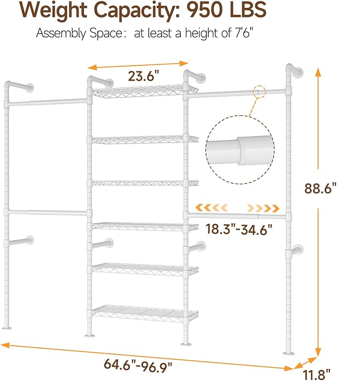 ONBRILL H3 Wall Mounted Closet System, Expandable Industrial Pipe Clothes Rack