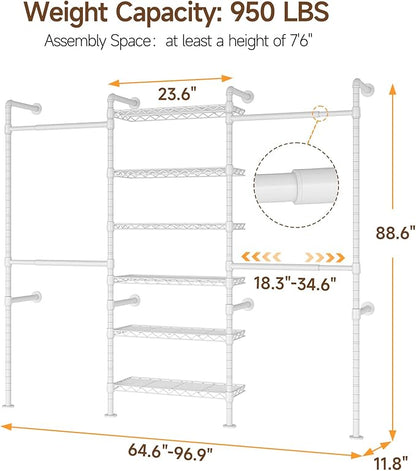 ONBRILL H3 Wall Mounted Closet System, Expandable Industrial Pipe Clothes Rack