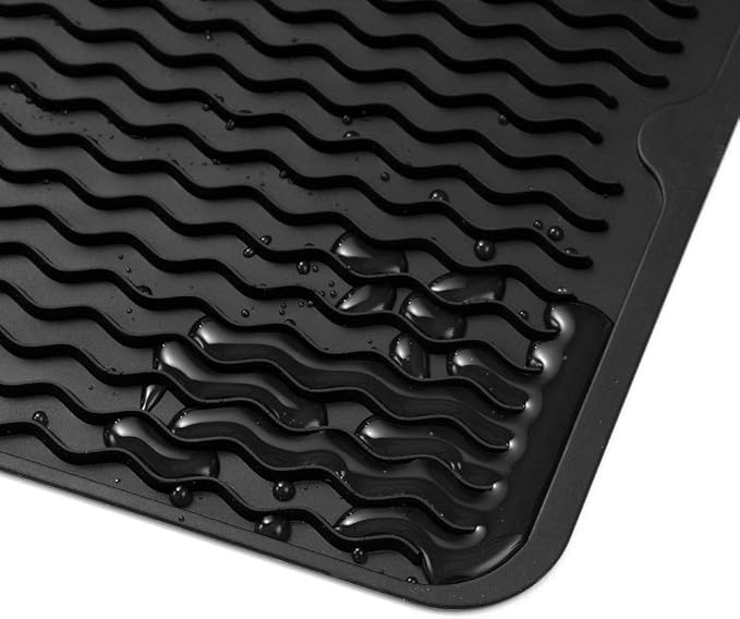 Silicone Dish Drying Mat for Multiple Usage,Easy clean,Eco-friendly,Heat-resistant Silicone Mat for Kitchen Counter or Sink,Refrigerator or drawer liner Black L 16 inches x 12 inches
