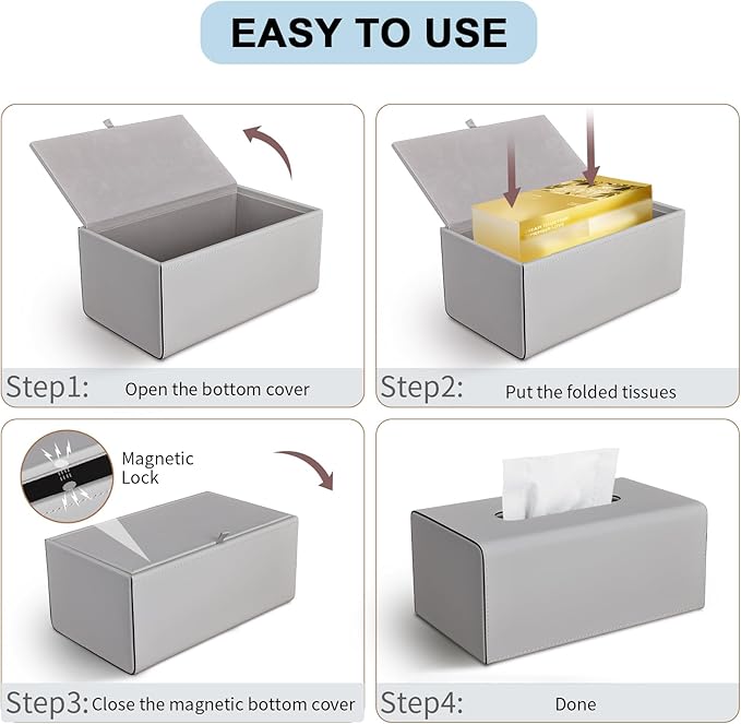 KINGFOM Tissue Box Cover, PU Leather Rectangular Tissue Box Holder with Magnetic Bottom Cover for Facial Tissues/Napkins, Office & Living Room Decor Box (Gray)