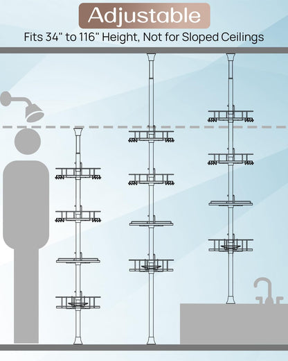 ALLZONE Corner Shower Caddy Tension Pole – Rust-Free Stainless Steel Shower Organizer with Adjustable Storage Shelves, Drill-Free Installation, Quick Setup, Extends from 34 to 116 Inches
