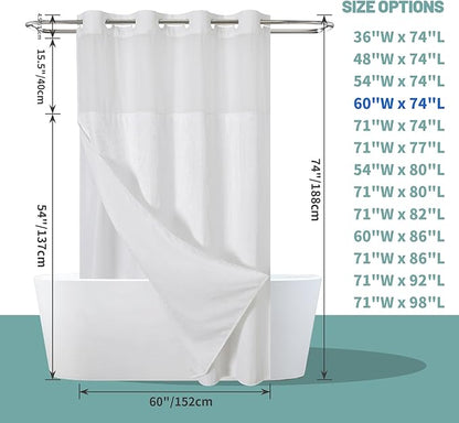 eachope White No Hook Waffle Weave Shower Curtain with snap-in Liner Replacement, 230GSM Waterproof Fabric Hotel Shower Curtain Set for Bathroom, Through Mesh Top Window,60Wx74H