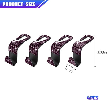 Bling Car Seat Headrest Hooks, 4PCS Crystal Rhinestone Vehicle Back Seat Hanger Holder for Handbags Purses Coats, Automotive Headrest Storage Organizer, Universal for RV SUV Truck (Purple)