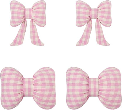 Car Accessories Plaid Bow Headrest Lumbar Pillow 4PCs Set Cotton Linen Elegant Soft Car Seat Cushions for Daily Commuting Trave (Pink Plaid,4pcs)